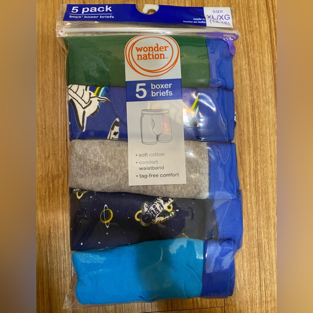 Wonder Nation Boys Boxer Briefs (5 Pack) 100% Cotton, Size: XL (14-16)